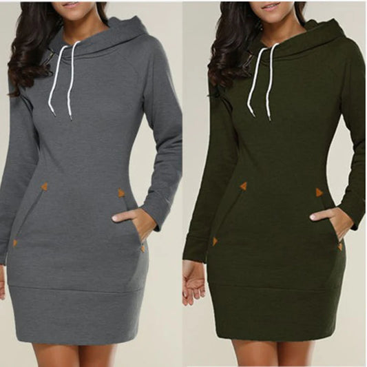 Hooded Sweatshirt Dress with Pockets - Womens Knee-Length Long Sleeve Casual Sports Dress - ZOOMNSTORE