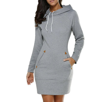 Hooded Sweatshirt Dress with Pockets - Womens Knee-Length Long Sleeve Casual Sports Dress - ZOOMNSTORE