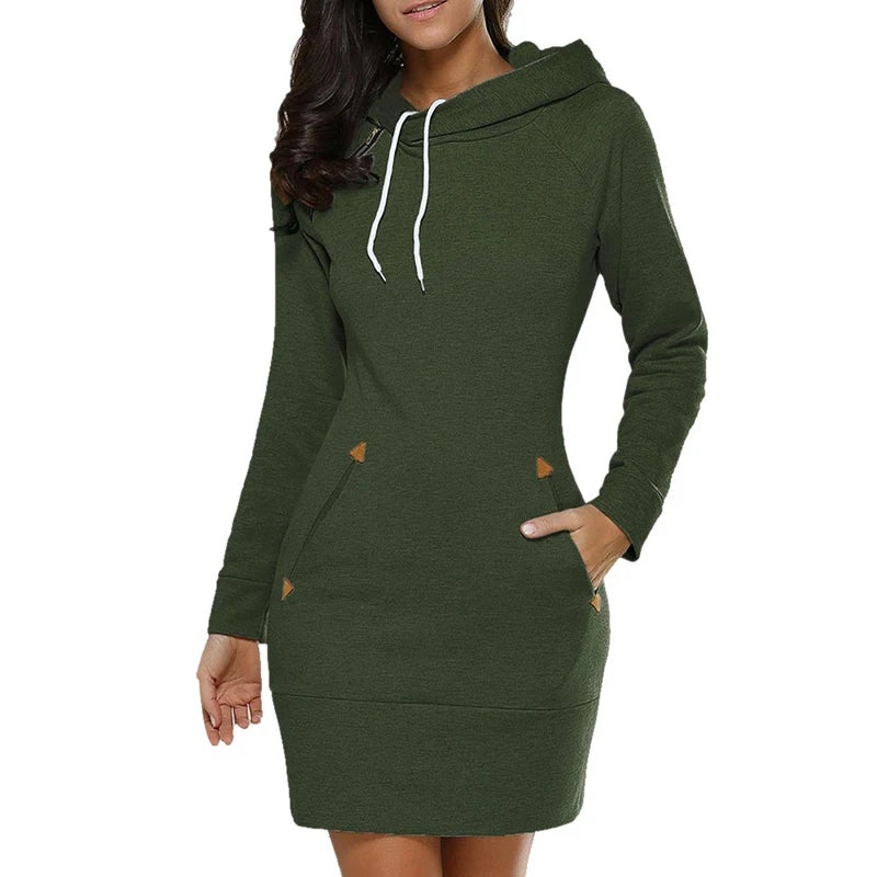 Hooded Sweatshirt Dress with Pockets - Womens Knee-Length Long Sleeve Casual Sports Dress - ZOOMNSTORE