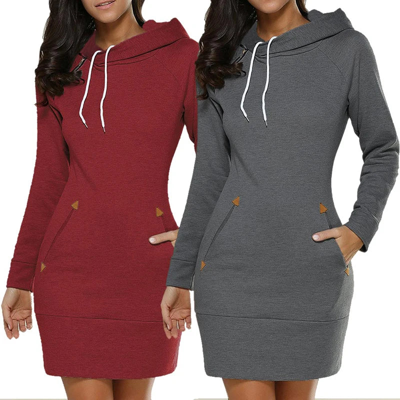 Hooded Sweatshirt Dress with Pockets - Womens Knee-Length Long Sleeve Casual Sports Dress - ZOOMNSTORE