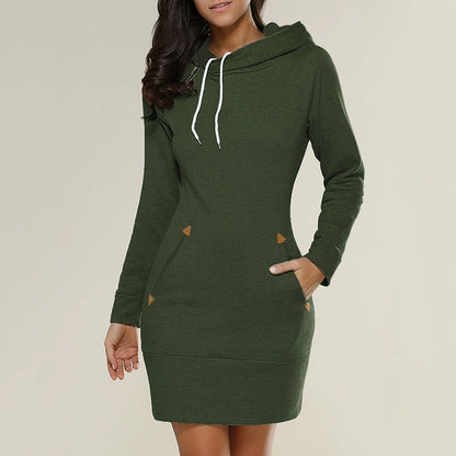 Hooded Sweatshirt Dress with Pockets - Womens Knee-Length Long Sleeve Casual Sports Dress - ZOOMNSTORE