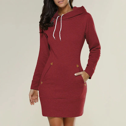 Hooded Sweatshirt Dress with Pockets - Womens Knee-Length Long Sleeve Casual Sports Dress - ZOOMNSTORE