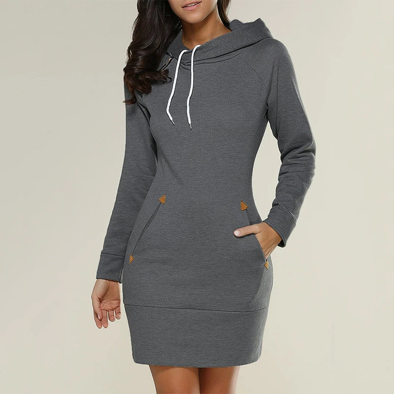 Hooded Sweatshirt Dress with Pockets - Womens Knee-Length Long Sleeve Casual Sports Dress - ZOOMNSTORE