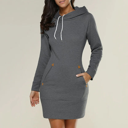 Hooded Sweatshirt Dress with Pockets - Womens Knee-Length Long Sleeve Casual Sports Dress - ZOOMNSTORE