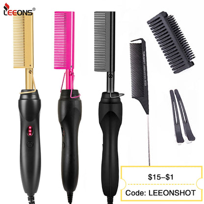 Hot Comb Hair Straightener - Electric Tourmaline Ceramic Flat Iron Comb for Wet & Dry Hair - ZOOMNSTORE