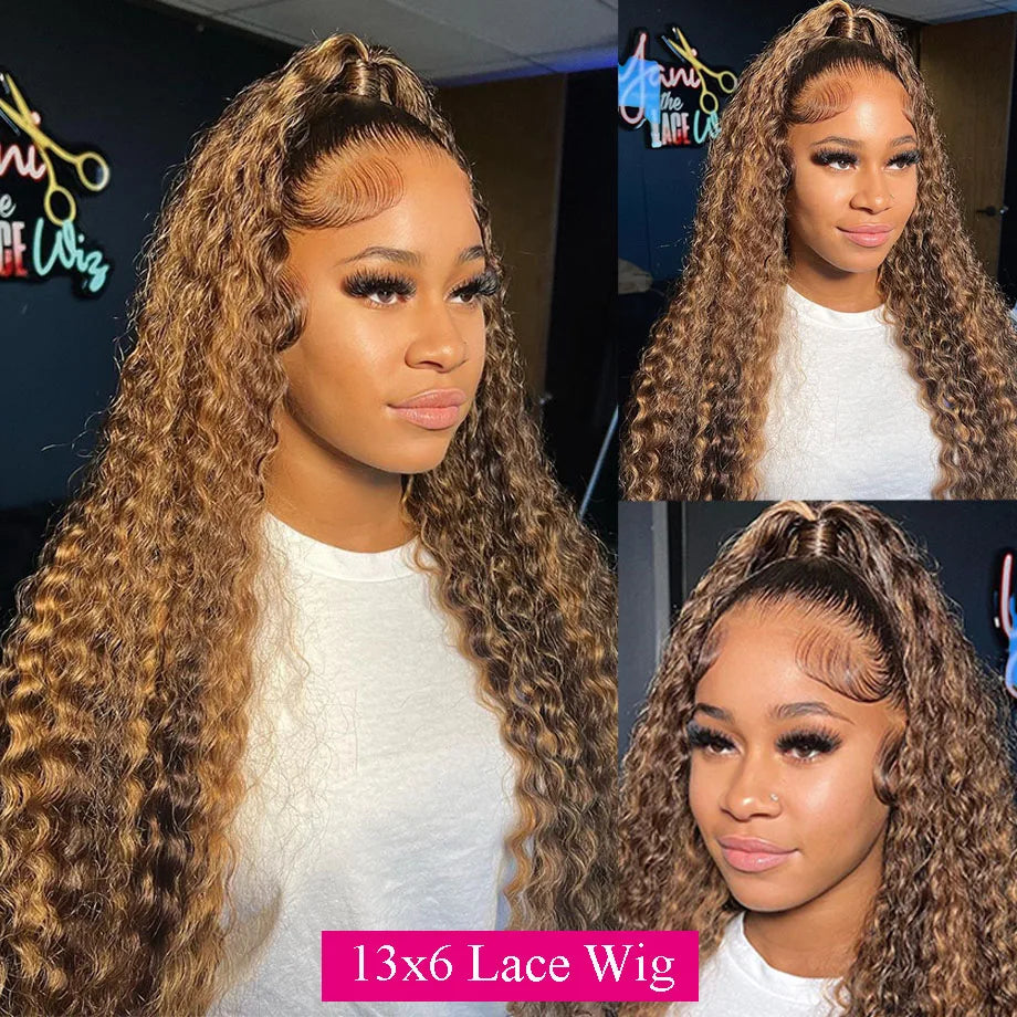 Human Hair Lace Wig - Brazilian Curly Ombre Lace Frontal, Deep Wave, Pre Plucked Hairline - ZOOMNSTORE