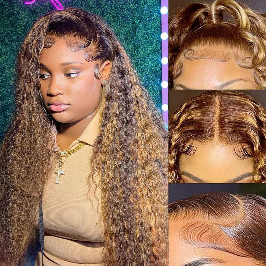 Human Hair Lace Wig - Brazilian Curly Ombre Lace Frontal, Deep Wave, Pre Plucked Hairline - ZOOMNSTORE