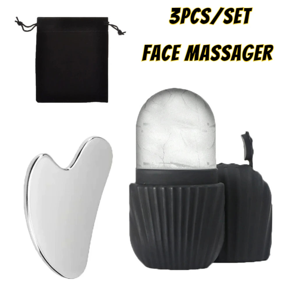 Ice Face Roller - Stainless Steel Gua Sha Board & Face Massage Roller Set for Skin Care - ZOOMNSTORE
