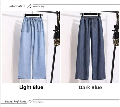 Ice Silk Straight Leg Jeans Women's Spring Summer Loose Fit Ultra Thin Long Pants Wide Leg Casual High Waist Zipper ket - ZOOMNSTORE