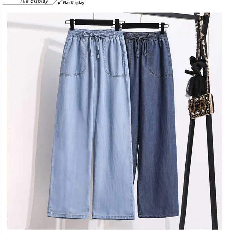 Ice Silk Straight Leg Jeans Women's Spring Summer Loose Fit Ultra Thin Long Pants Wide Leg Casual High Waist Zipper ket - ZOOMNSTORE