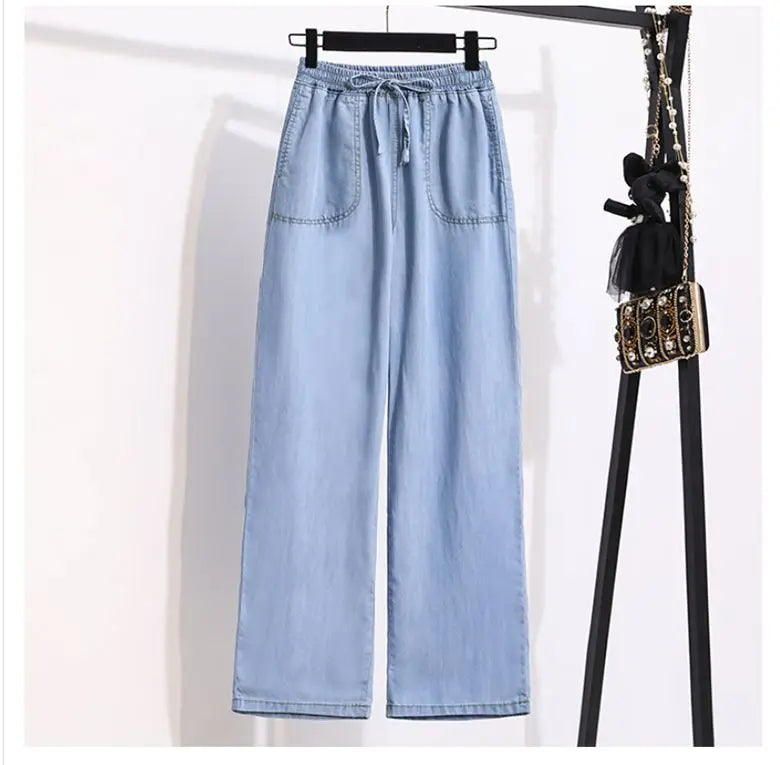 Ice Silk Straight Leg Jeans Women's Spring Summer Loose Fit Ultra Thin Long Pants Wide Leg Casual High Waist Zipper ket - ZOOMNSTORE