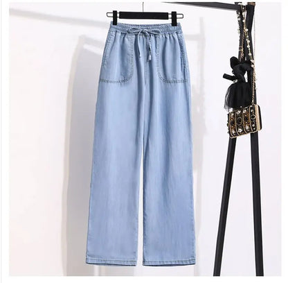 Ice Silk Straight Leg Jeans Women's Spring Summer Loose Fit Ultra Thin Long Pants Wide Leg Casual High Waist Zipper ket - ZOOMNSTORE