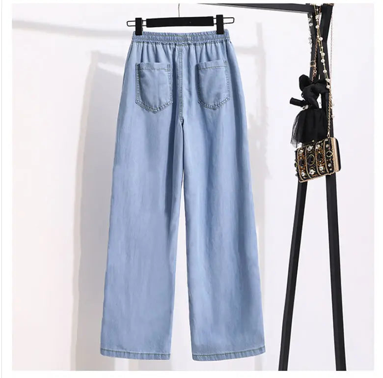 Ice Silk Straight Leg Jeans Women's Spring Summer Loose Fit Ultra Thin Long Pants Wide Leg Casual High Waist Zipper ket - ZOOMNSTORE
