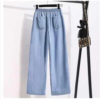 Ice Silk Straight Leg Jeans Women's Spring Summer Loose Fit Ultra Thin Long Pants Wide Leg Casual High Waist Zipper ket - ZOOMNSTORE