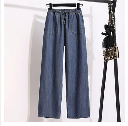 Ice Silk Straight Leg Jeans Women's Spring Summer Loose Fit Ultra Thin Long Pants Wide Leg Casual High Waist Zipper ket - ZOOMNSTORE