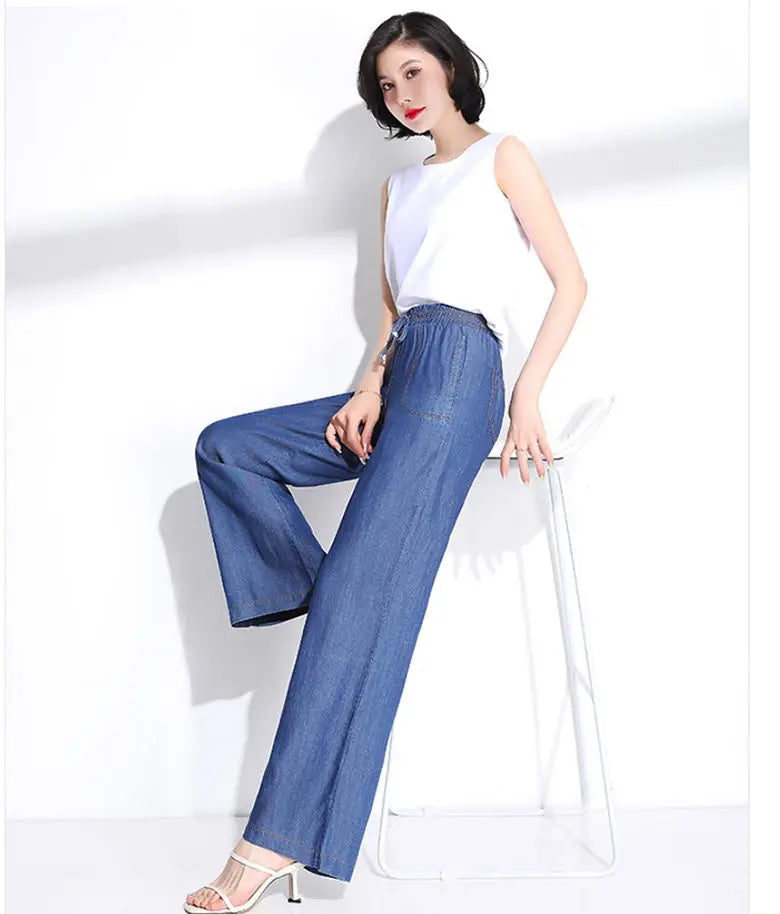Ice Silk Straight Leg Jeans Women's Spring Summer Loose Fit Ultra Thin Long Pants Wide Leg Casual High Waist Zipper ket - ZOOMNSTORE
