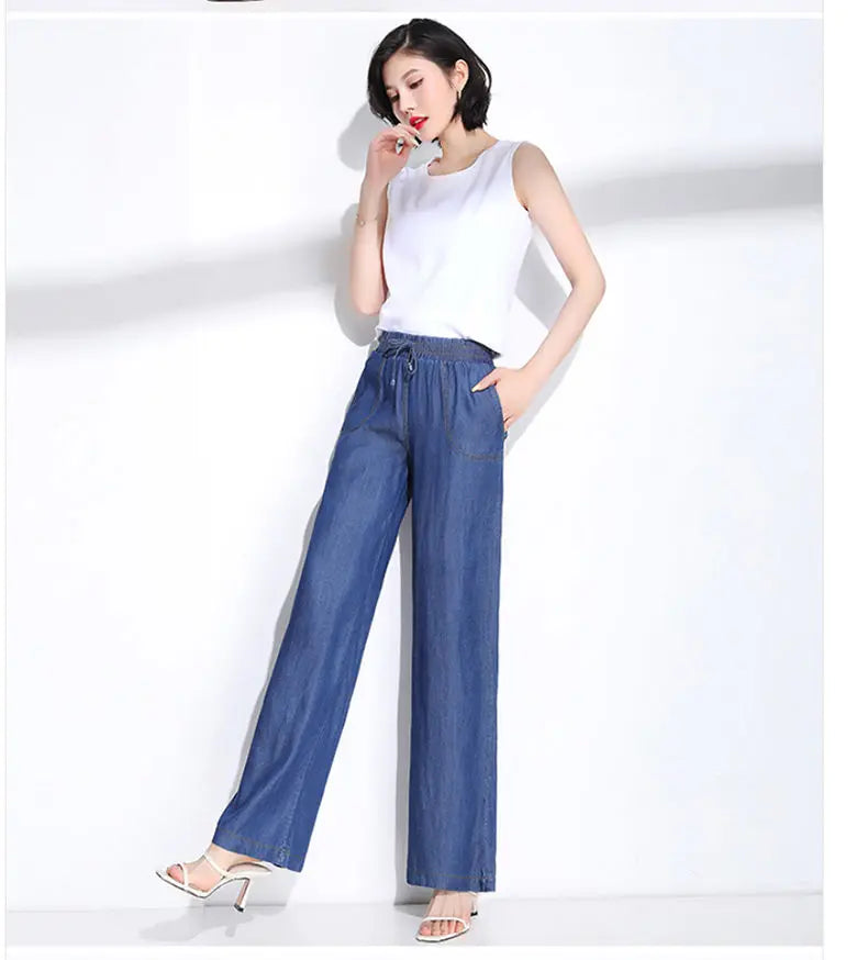 Ice Silk Straight Leg Jeans Women's Spring Summer Loose Fit Ultra Thin Long Pants Wide Leg Casual High Waist Zipper ket - ZOOMNSTORE