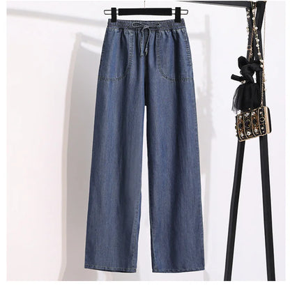 Ice Silk Straight Leg Jeans Women's Spring Summer Loose Fit Ultra Thin Long Pants Wide Leg Casual High Waist Zipper ket - ZOOMNSTORE