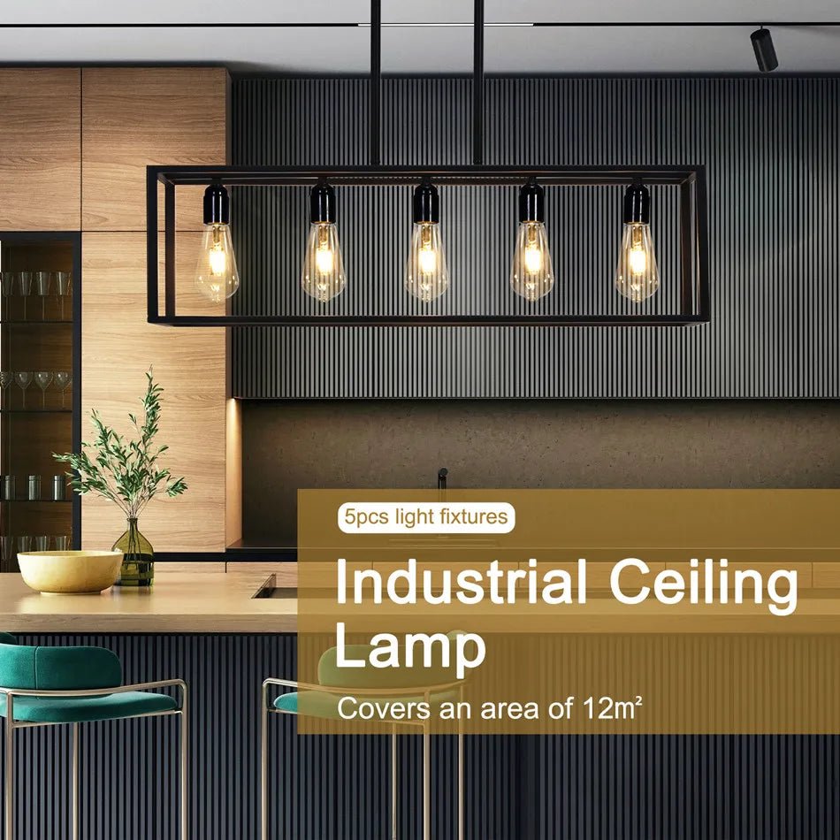Industrial Ceiling Lamp – Vintage Pendant Light with 5-Bulb Black Kitchen Chandelier - ZOOMNSTORE