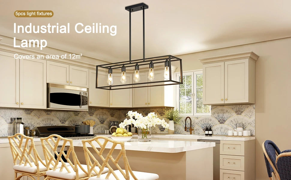 Industrial Ceiling Lamp – Vintage Pendant Light with 5-Bulb Black Kitchen Chandelier - ZOOMNSTORE