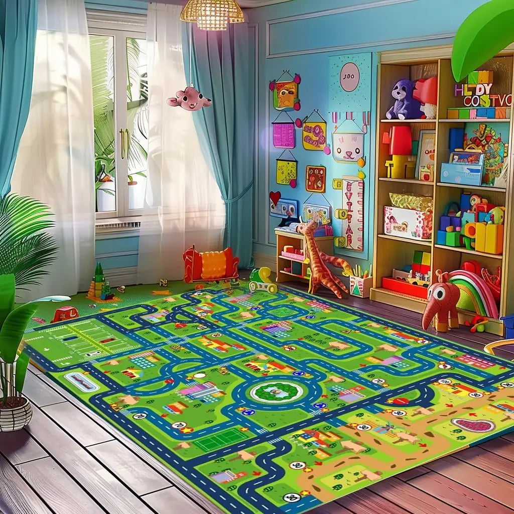Interactive City Traffic Rug – Soft Flannel Playroom Floor Mat for Kids’ Activity - ZOOMNSTORE