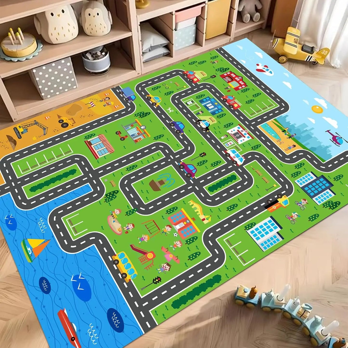 Interactive City Traffic Rug – Soft Flannel Playroom Floor Mat for Kids’ Activity - ZOOMNSTORE