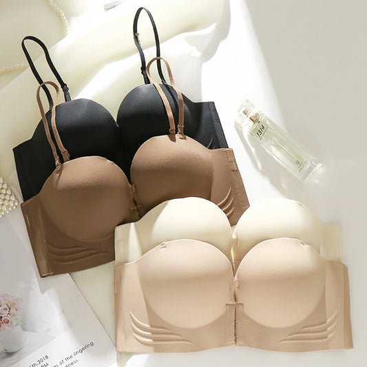 Invisible Push Up Bra - Front Closure Strapless Seamless Bralette for Women - ZOOMNSTORE