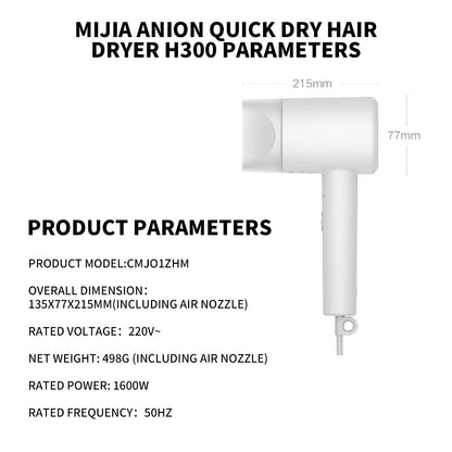 XIAOMI MIJIA Mi Ionic Hair Dryer H300 Quick Dry Negative Ion Hair Care Professional For Home 1600W Electric Hair Dryers Diffuser - ZOOMNSTORE