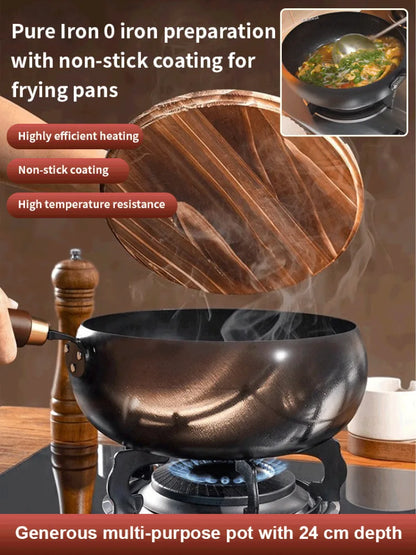 Handmade Pure Iron Non-Stick Frying Pan - Big Belly Flat Bottom Cookware for Gas Stove - ZOOMNSTORE