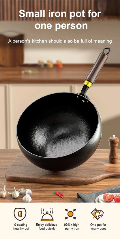 Handmade Pure Iron Non-Stick Frying Pan - Big Belly Flat Bottom Cookware for Gas Stove - ZOOMNSTORE