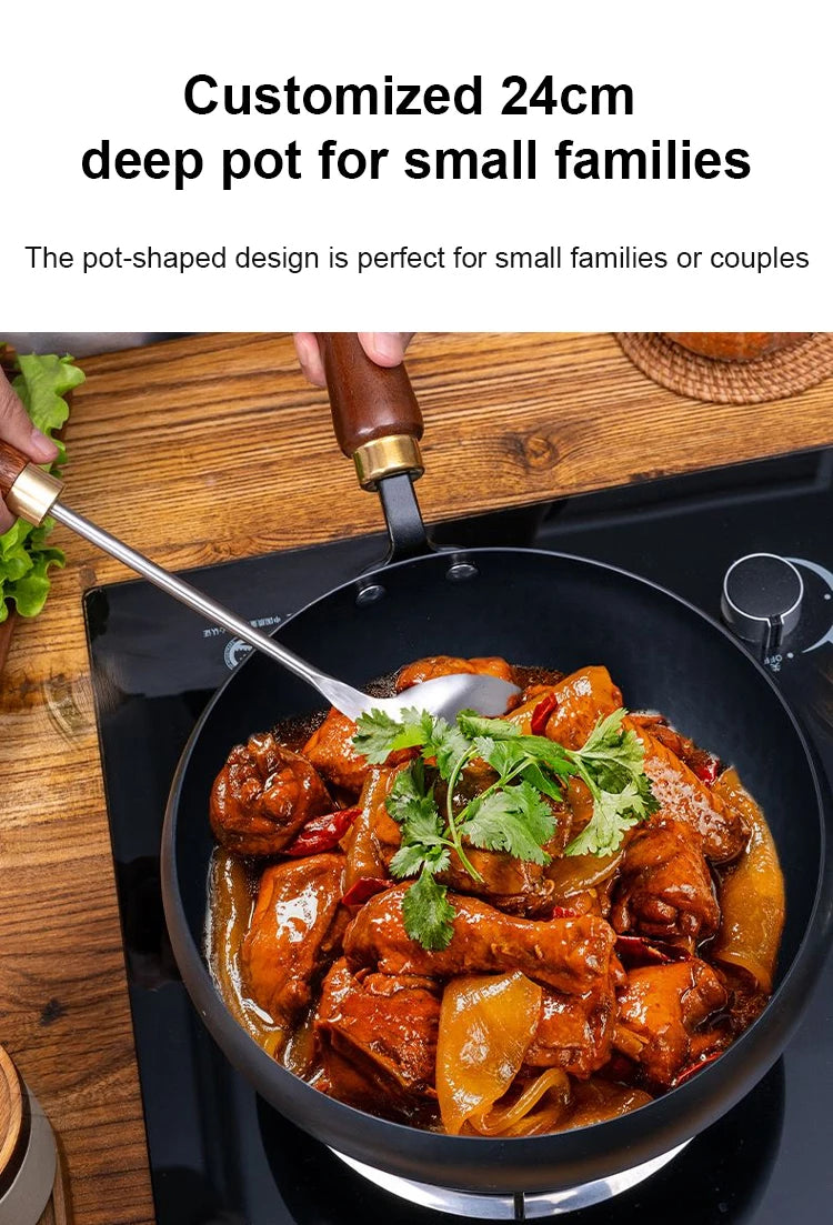 Handmade Pure Iron Non-Stick Frying Pan - Big Belly Flat Bottom Cookware for Gas Stove - ZOOMNSTORE