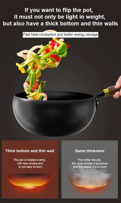 Handmade Pure Iron Non-Stick Frying Pan - Big Belly Flat Bottom Cookware for Gas Stove - ZOOMNSTORE