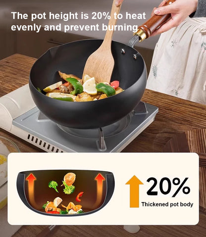 Handmade Pure Iron Non-Stick Frying Pan - Big Belly Flat Bottom Cookware for Gas Stove - ZOOMNSTORE