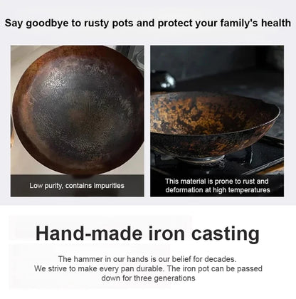 Handmade Pure Iron Non-Stick Frying Pan - Big Belly Flat Bottom Cookware for Gas Stove - ZOOMNSTORE