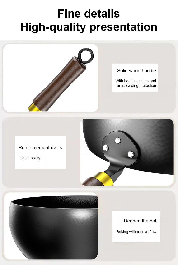 Handmade Pure Iron Non-Stick Frying Pan - Big Belly Flat Bottom Cookware for Gas Stove - ZOOMNSTORE