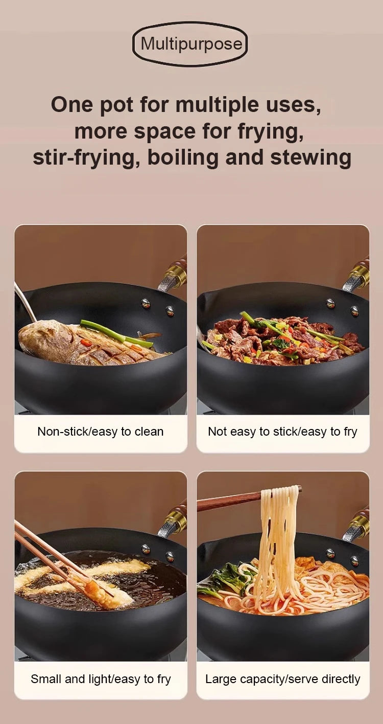 Handmade Pure Iron Non-Stick Frying Pan - Big Belly Flat Bottom Cookware for Gas Stove - ZOOMNSTORE