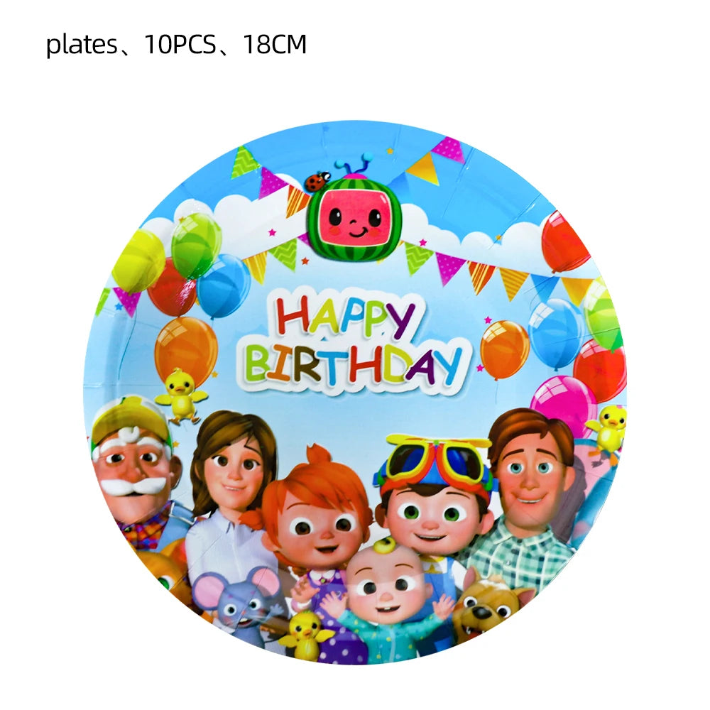 Cartoon JJ Melon Birthday Party Set - Disposable Tableware Decorations Balloons Cake Topper - ZOOMNSTORE