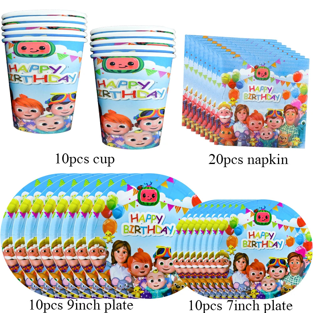 Cartoon JJ Melon Birthday Party Set - Disposable Tableware Decorations Balloons Cake Topper - ZOOMNSTORE