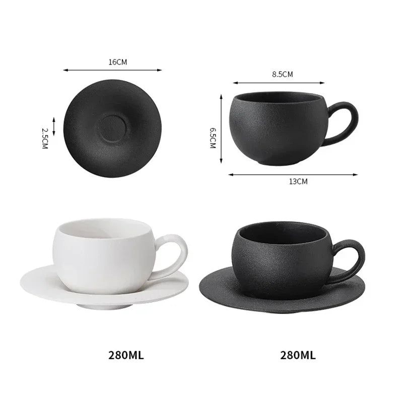 Japanese Ceramic Coffee Cup - Stone Fired Ceramic Mug Set with Saucer, Black White - ZOOMNSTORE