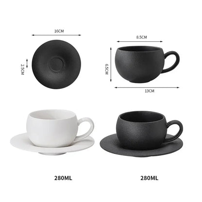 Japanese Ceramic Coffee Cup - Stone Fired Ceramic Mug Set with Saucer, Black White - ZOOMNSTORE