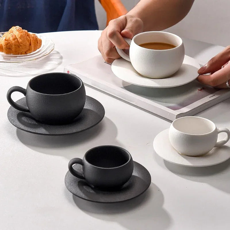 Japanese Ceramic Coffee Cup - Stone Fired Ceramic Mug Set with Saucer, Black White - ZOOMNSTORE