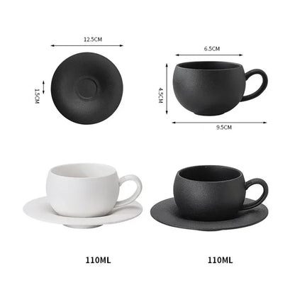 Japanese Ceramic Coffee Cup - Stone Fired Ceramic Mug Set with Saucer, Black White - ZOOMNSTORE