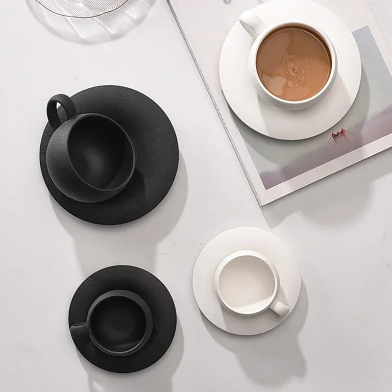 Japanese Ceramic Coffee Cup - Stone Fired Ceramic Mug Set with Saucer, Black White - ZOOMNSTORE