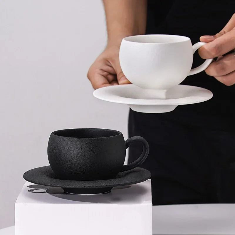Japanese Ceramic Coffee Cup - Stone Fired Ceramic Mug Set with Saucer, Black White - ZOOMNSTORE
