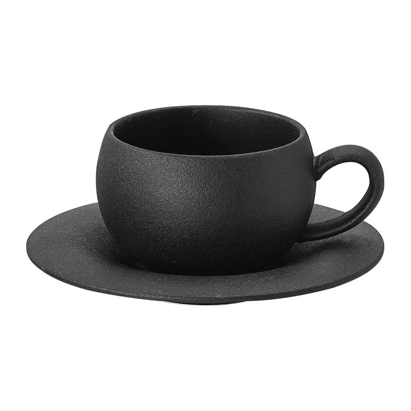Japanese Ceramic Coffee Cup - Stone Fired Ceramic Mug Set with Saucer, Black White - ZOOMNSTORE