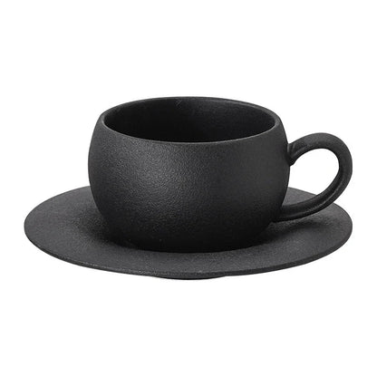 Japanese Ceramic Coffee Cup - Stone Fired Ceramic Mug Set with Saucer, Black White - ZOOMNSTORE