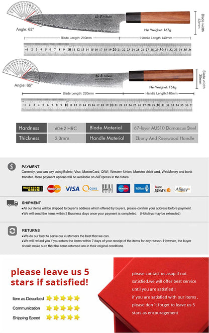 Damascus Steel Japanese Chef Knife - Hand Forged Santoku  Sashimi Blade - ZOOMNSTORE