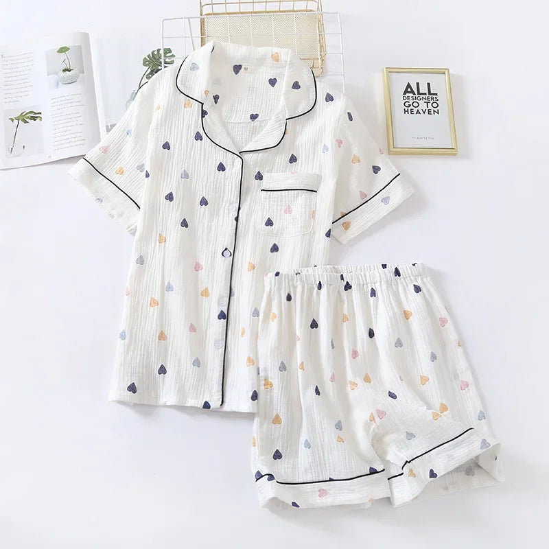 Japanese Cotton Gauze Pajama Set - Cute Heart Short Sleeve Shorts for Women - ZOOMNSTORE