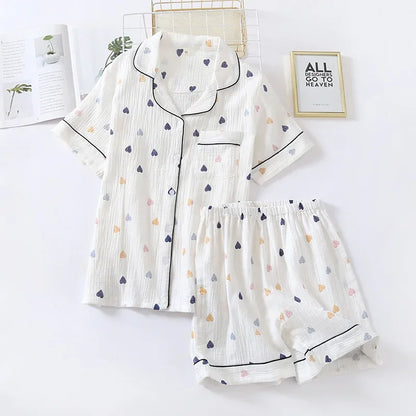 Japanese Cotton Gauze Pajama Set - Cute Heart Short Sleeve Shorts for Women - ZOOMNSTORE