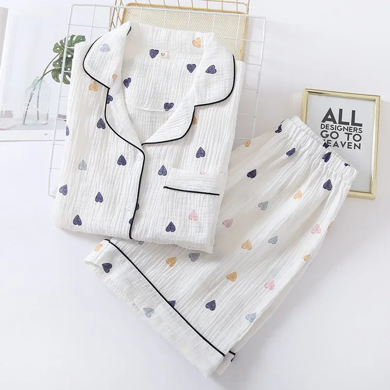 Japanese Cotton Gauze Pajama Set - Cute Heart Short Sleeve Shorts for Women - ZOOMNSTORE